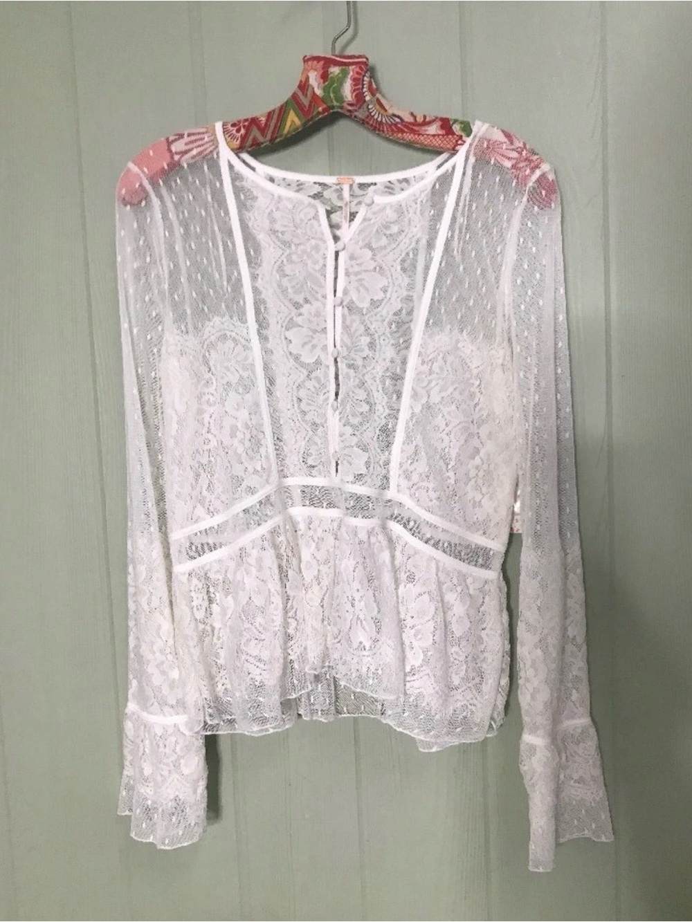 Free People White Lace Sheer Long-Sleeve Blouse